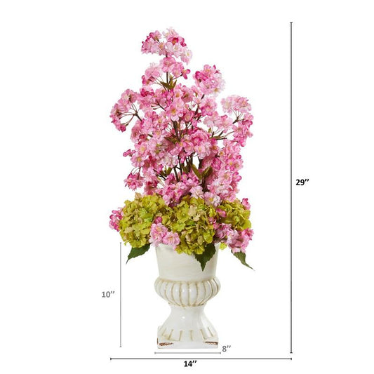 29" Hydrangea and Cherry Blossom Artificial Arrangement in White Urn
