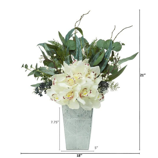 21" Cymbidium Orchid and Eucalyptus Artificial Arrangement