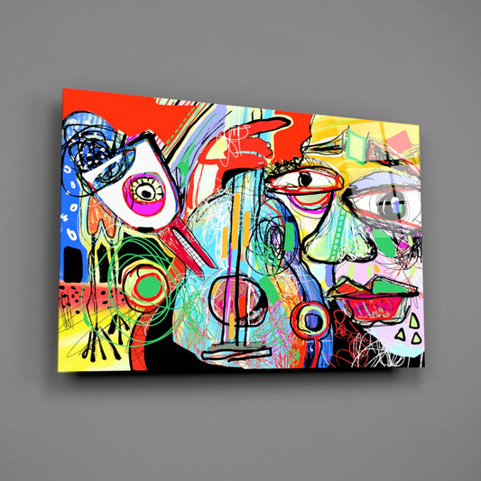Bird, Violin and Man Glass Wall Art