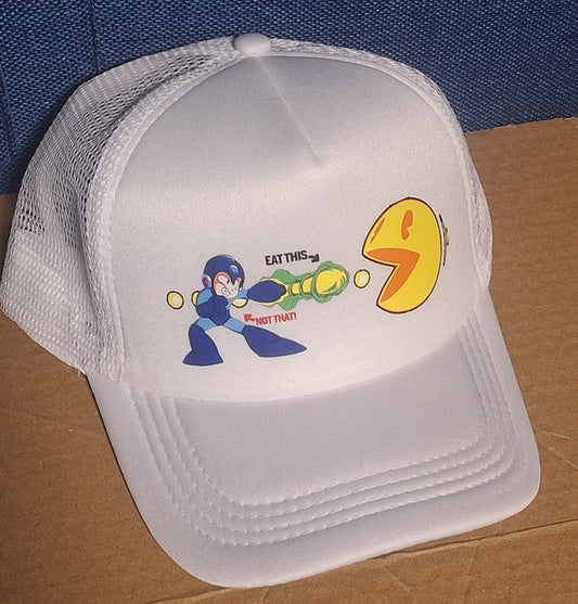 Adjustable Trucker Baseball Cap Featuring Megaman vs Pac-Man 'Eat This Not That' Graphic Design
