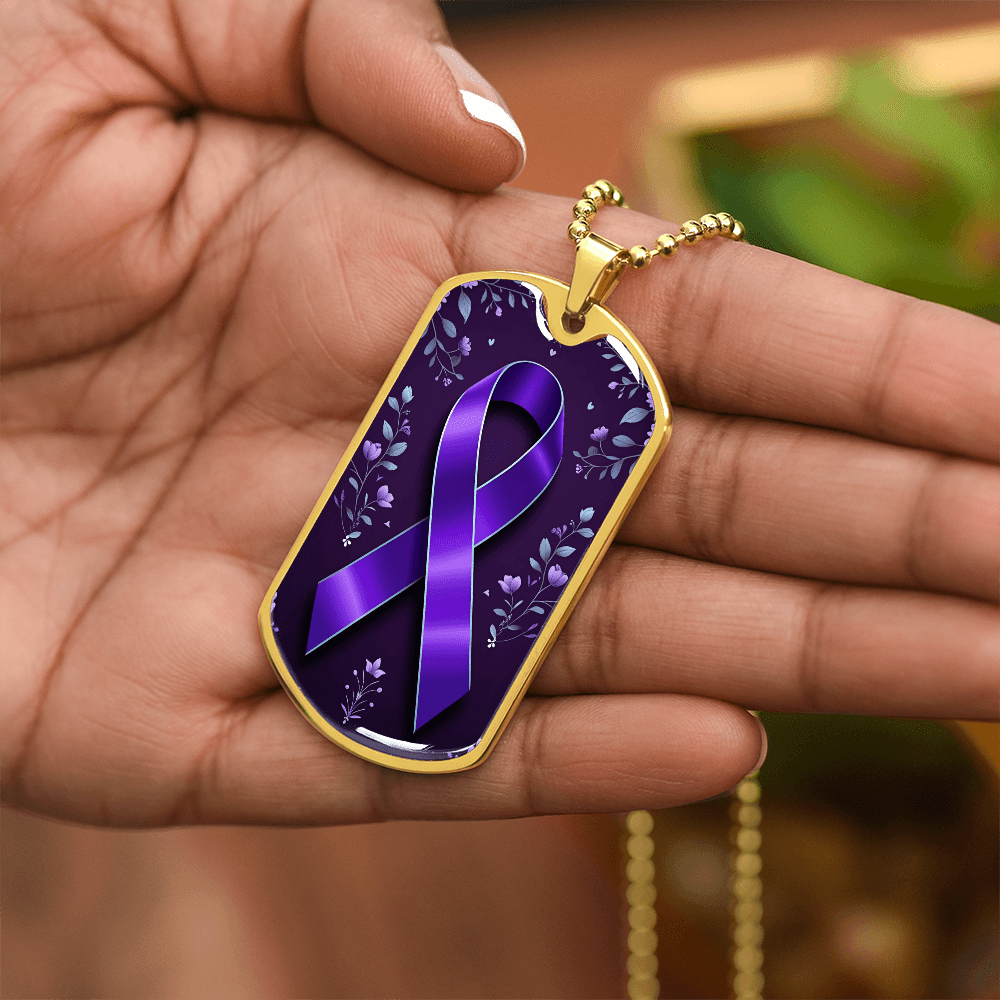 Purple Ribbon on Flowery Background Necklace