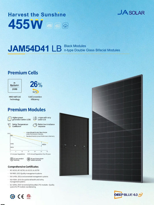 16 455W JA Solar Panels 21% Efficiency 30 Year warranty