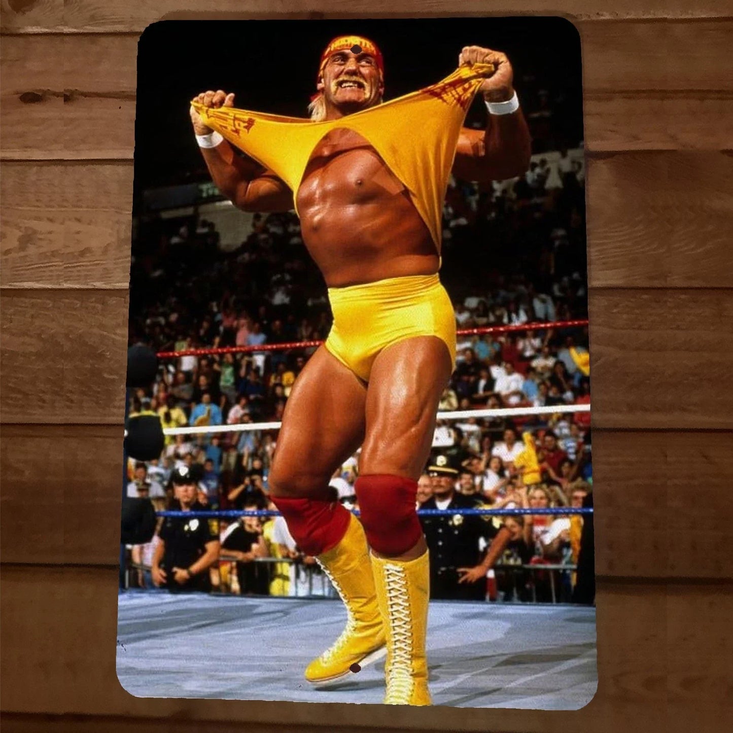 Legendary Hulk Hogan Tearing Off His Shirt 8x12 Inch Metal Wall Sign