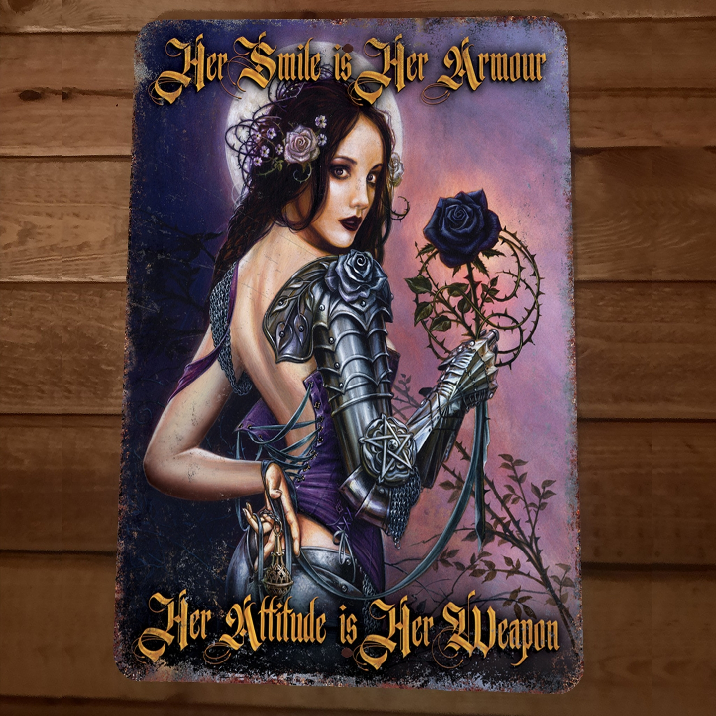 Her Smile is Her Armor Her Attitude is Her Weapon 8x12 Metal Wall Sign