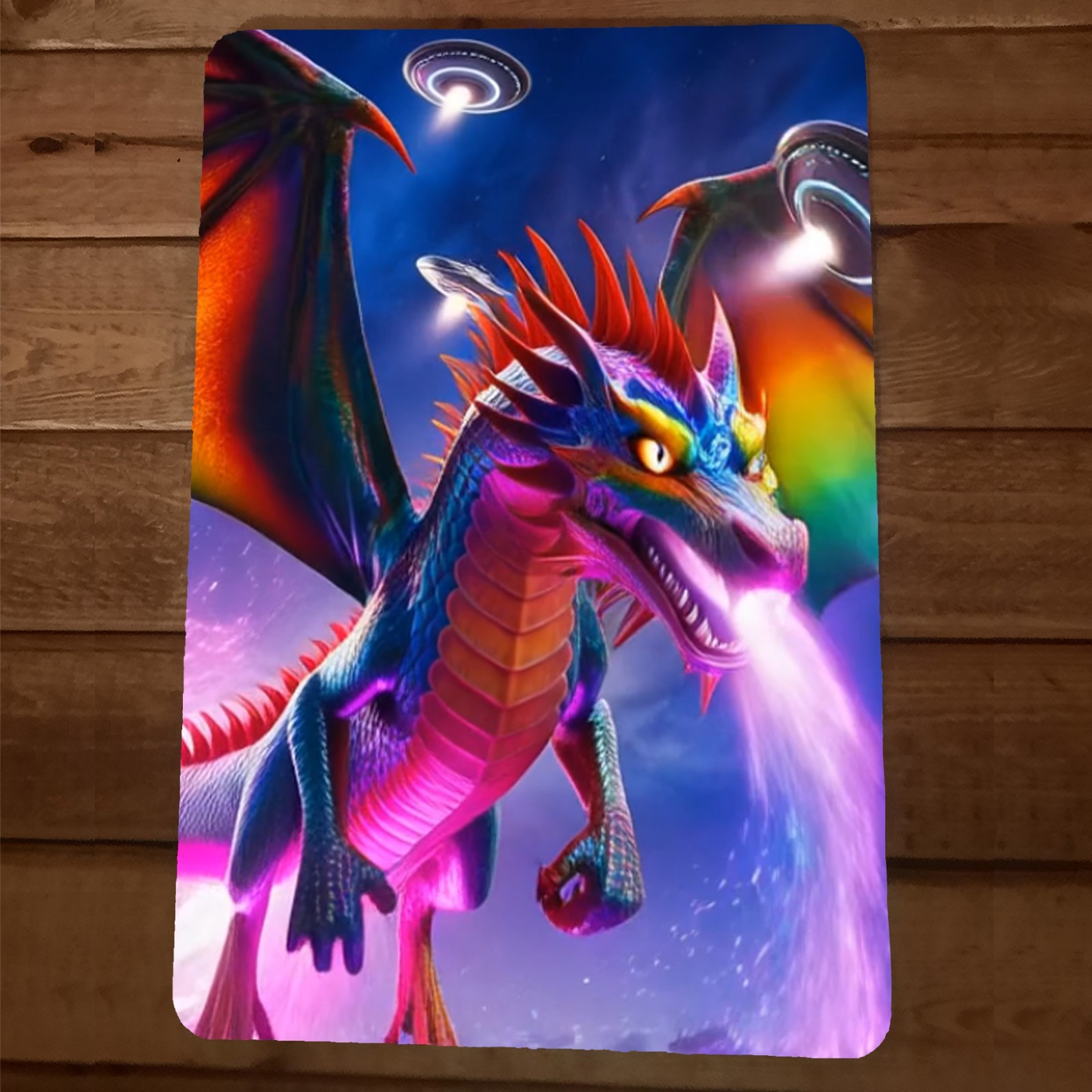 Rainbow Dragon with UFOs 8x12 Metal Wall Sign 5th Dimension 5D