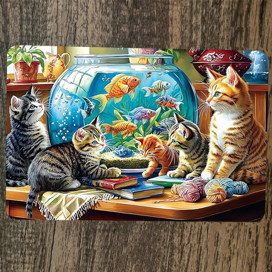 Creative Cats Surround Fishbowl Artwork 8x12 Metal Wall Sign