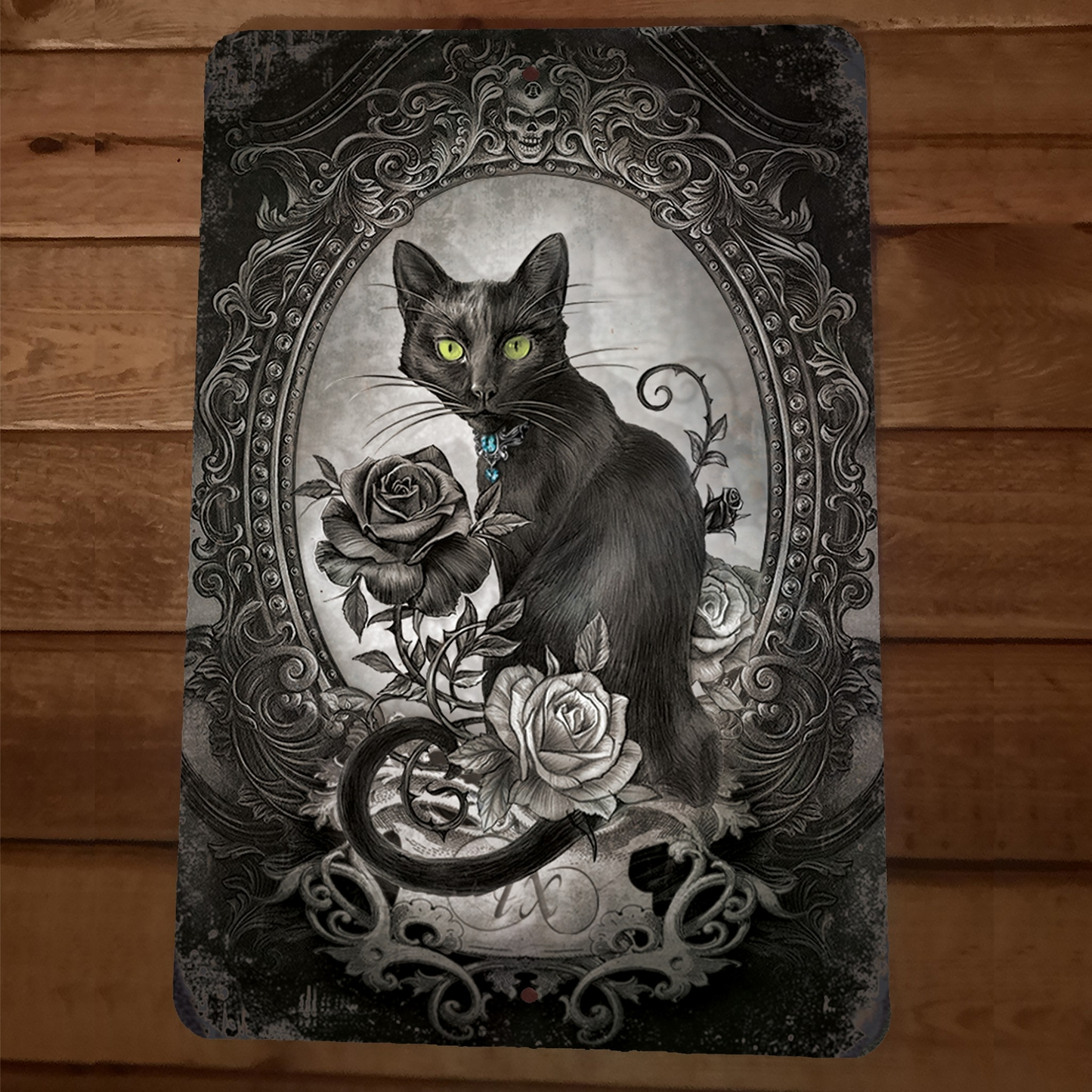 Black Cat With Rose Sketch 8x12 Metal Wall Sign Garage Poster