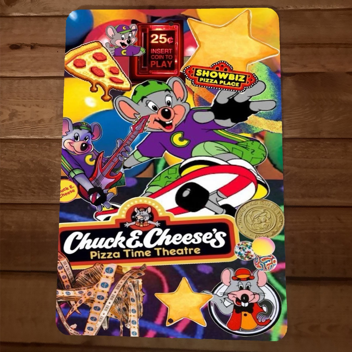 Showbiz Pizza Place - Chuck e Cheese Pizza Time Theater 8x12 Metal Sign