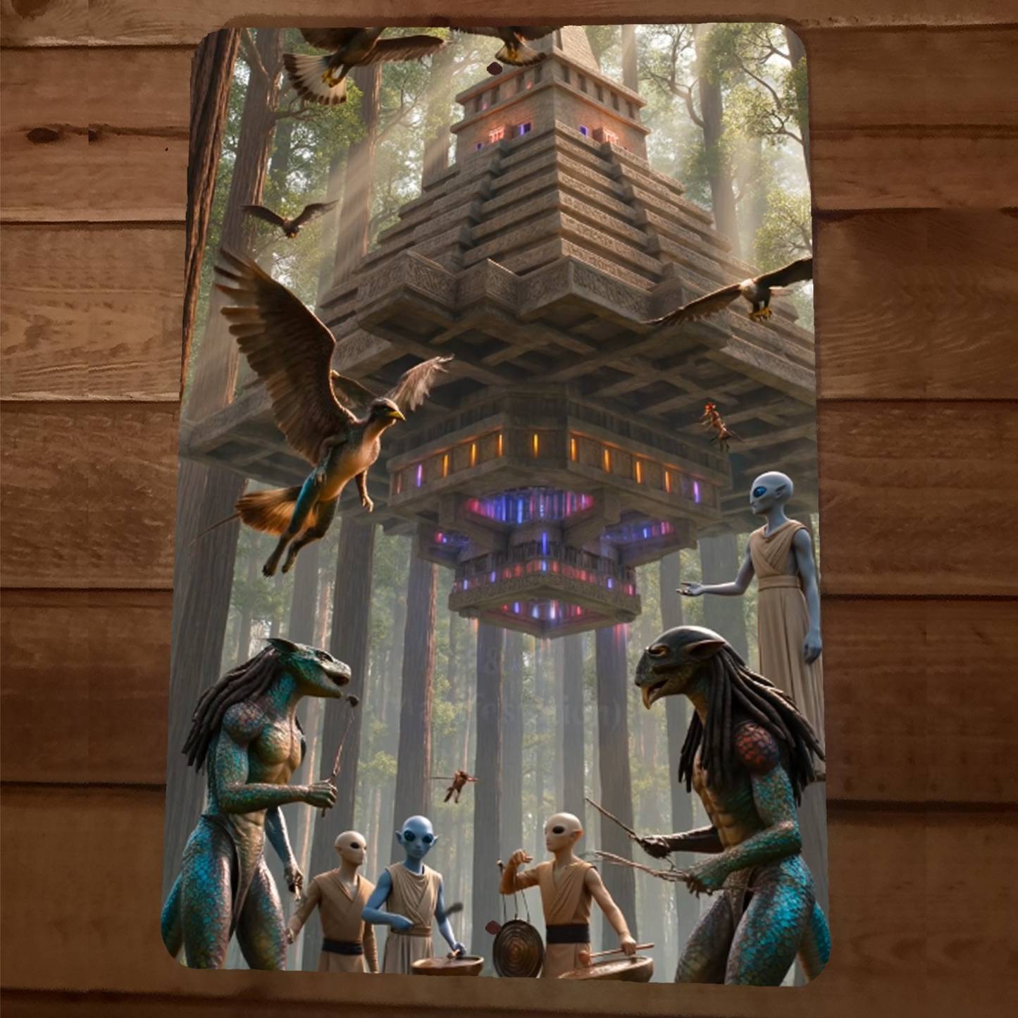 5th Dimension Floating Aztec Temple Aliens Artwork 8x12 Metal Wall Sign