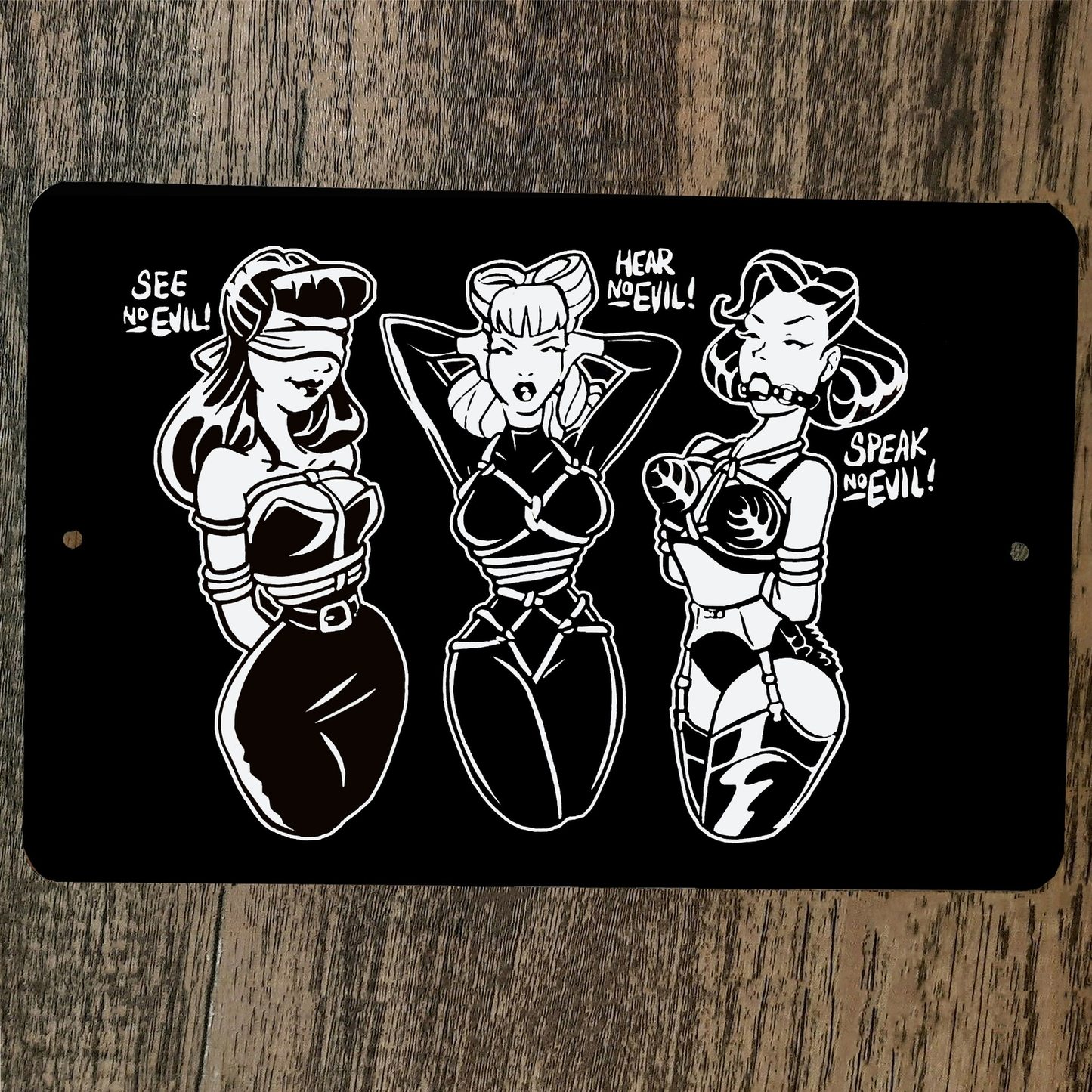 See No Evil Hear No Evil Speak No Evil Bondage Girls 8x12 Metal Wall Sign