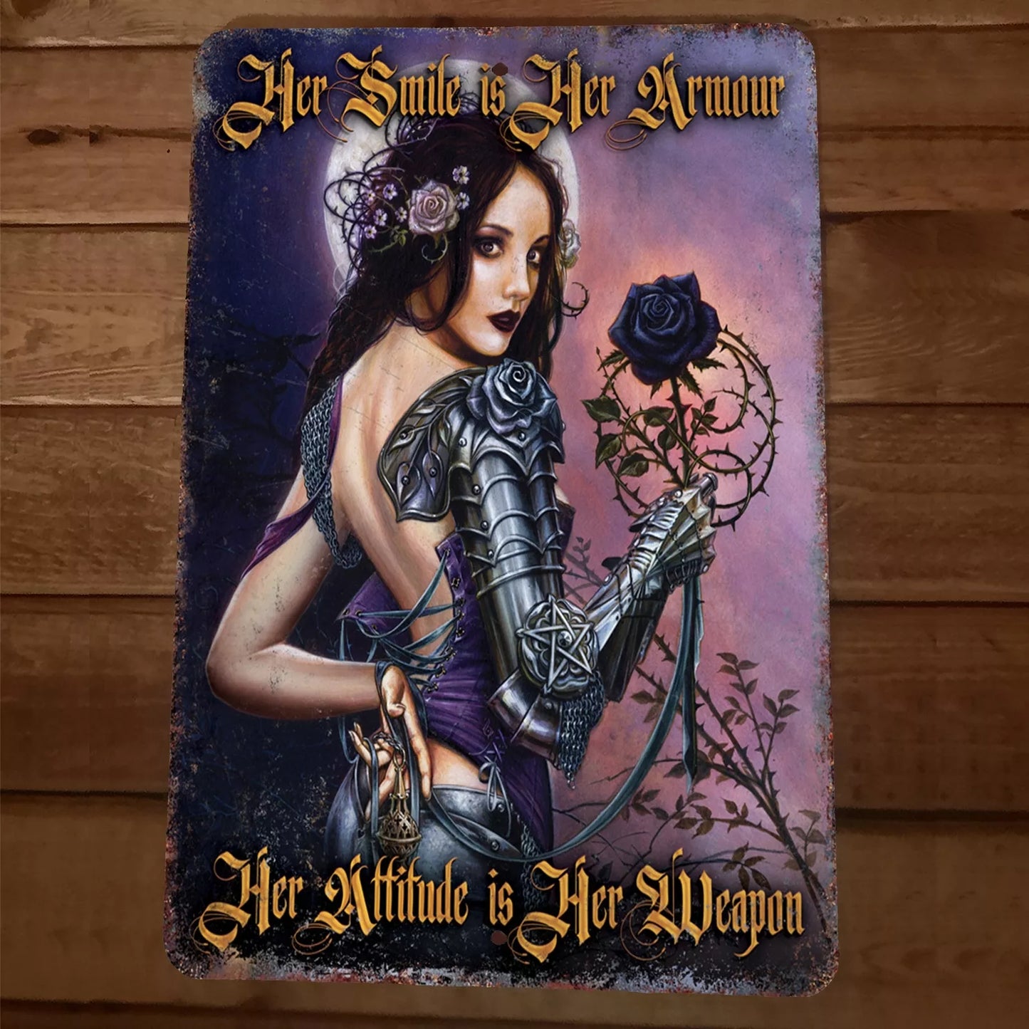 Her Smile is Her Armor Her Attitude is Her Weapon 8x12 Metal Wall Sign