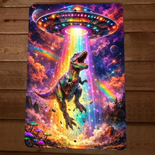 T-Rex Dinosaur Abducted by Alien UFO 8x12 Metal Wall Sign