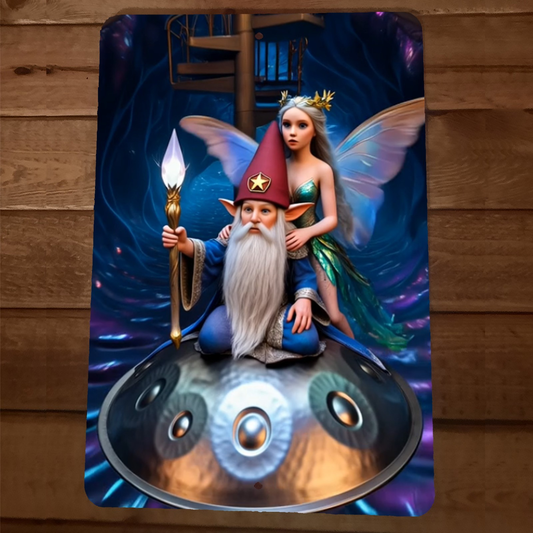 5th Dimension Flying Gnome Handpan Fairy Artwork 8x12 Metal Wall Sign
