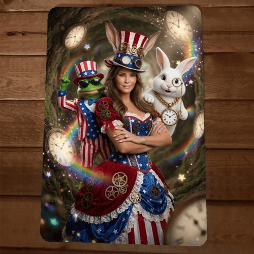 5th Dimension Melania Trump White Rabbit and Pepe Artwork 8x12 Metal Wall Sign