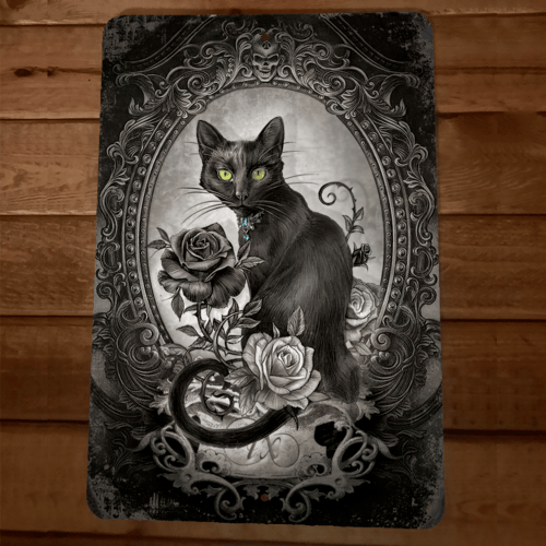 Black Cat With Rose Sketch 8x12 Metal Wall Sign Garage Poster