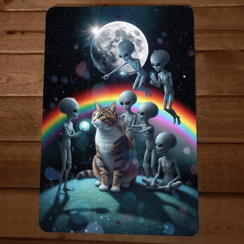 Aliens and Cat Rainbow Space 8x12 Metal Wall Sign