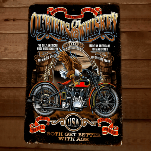 Americas Finest Ol Bikes & Whiskey Indian Motorcycles 8x12 Metal Wall Sign