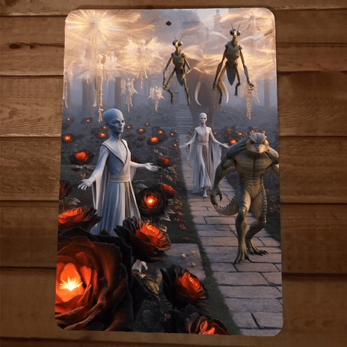 5th Dimension Aliens Garden Artwork 8x12 Metal Wall Sign