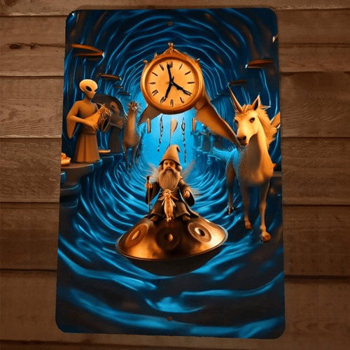 5th Dimension Handpan Gnome and Unicorns Artwork 8x12 Metal Wall Sign