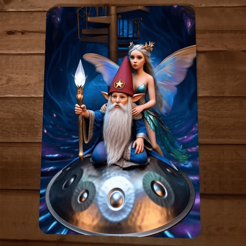 5th Dimension Flying Gnome Handpan Fairy Artwork 8x12 Metal Wall Sign
