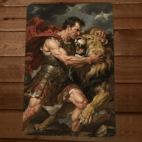Gladiator taking on a Lion 8x12 Metal Wall Animal Sign