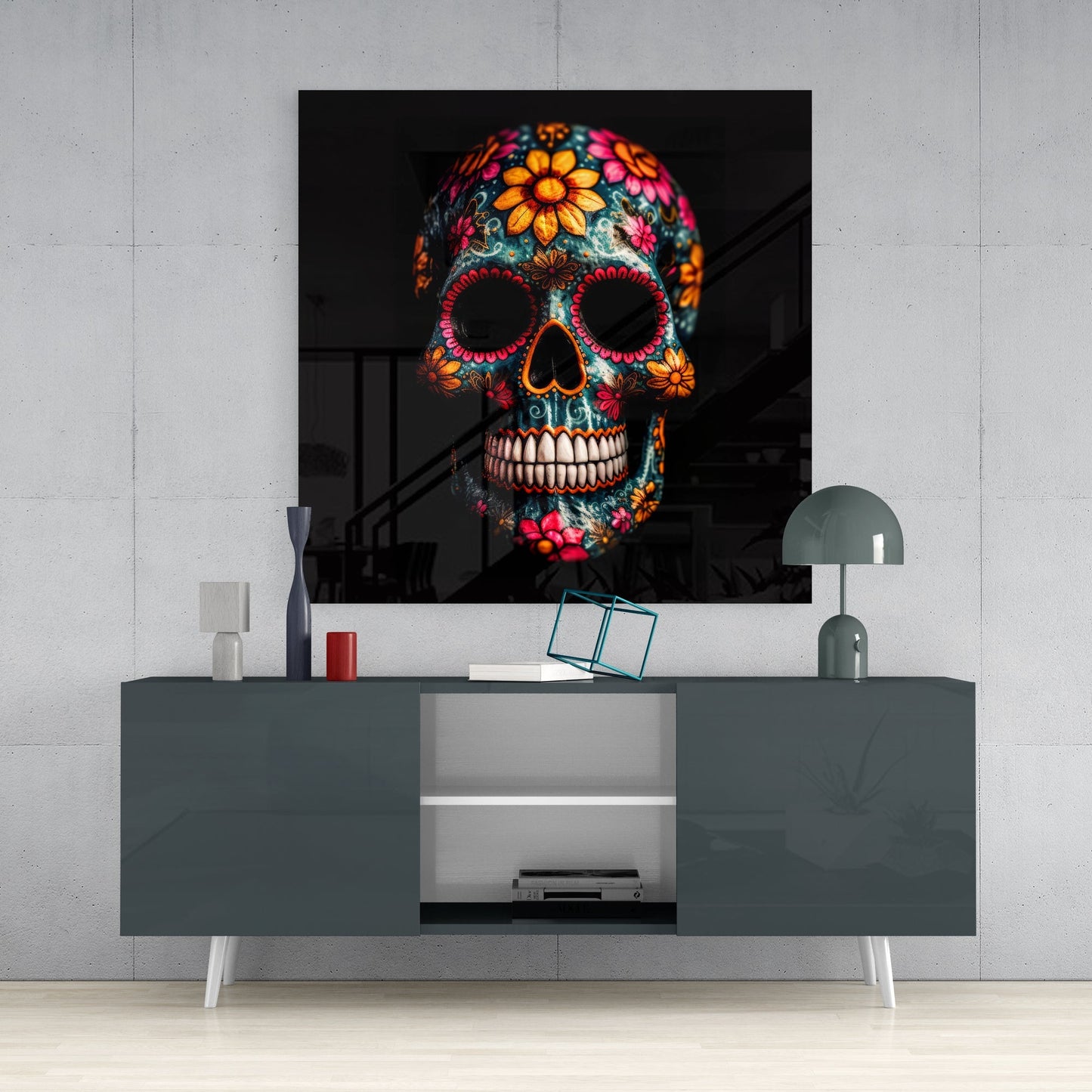 Flowery Skull Glass Wall Art || Designers Collection