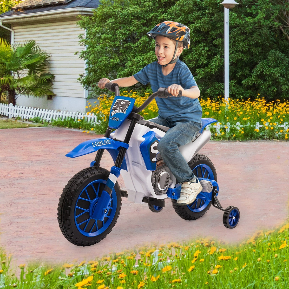 Electric 12V Blue Kids Ride-On Motorcycle with Training Wheels