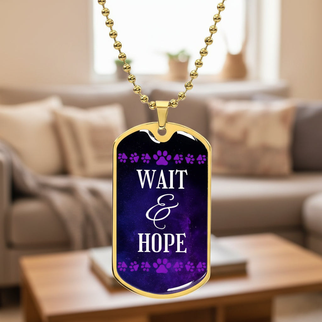 Wait & Hope Necklace – Purple Ribbon Paw Print Dog Tag Pendant