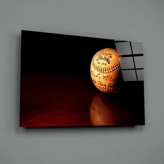 Baseball Glass Wall Art Featuring Signed Vintage Spalding No.3 RC Horsehide Baseball on Mahogany Surface