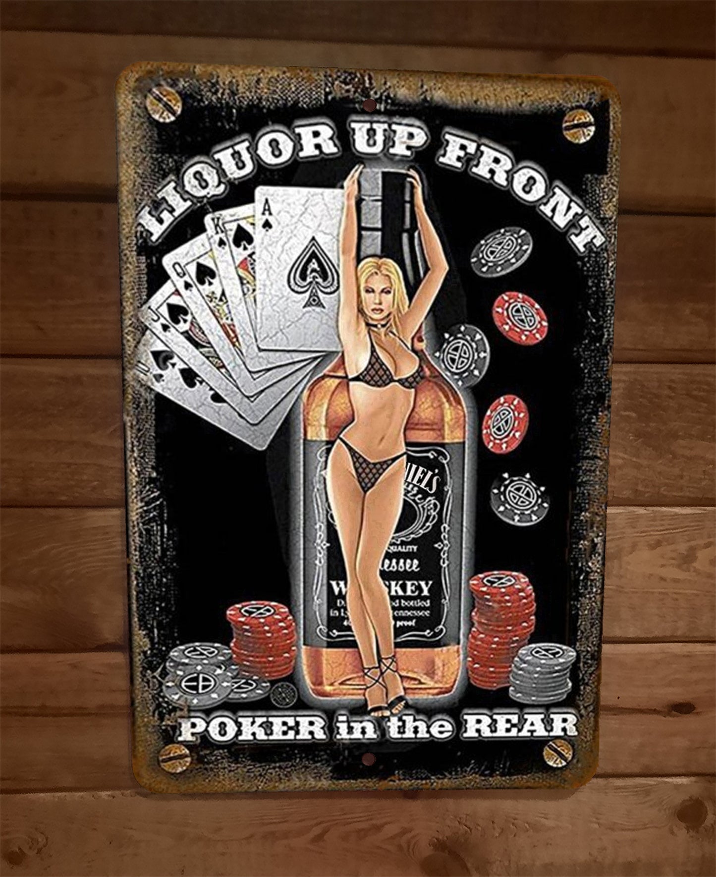 Liquor up Front Poker in the Rear Jack Daniels Vintage Look 8x12 Metal Wall Bar Sign
