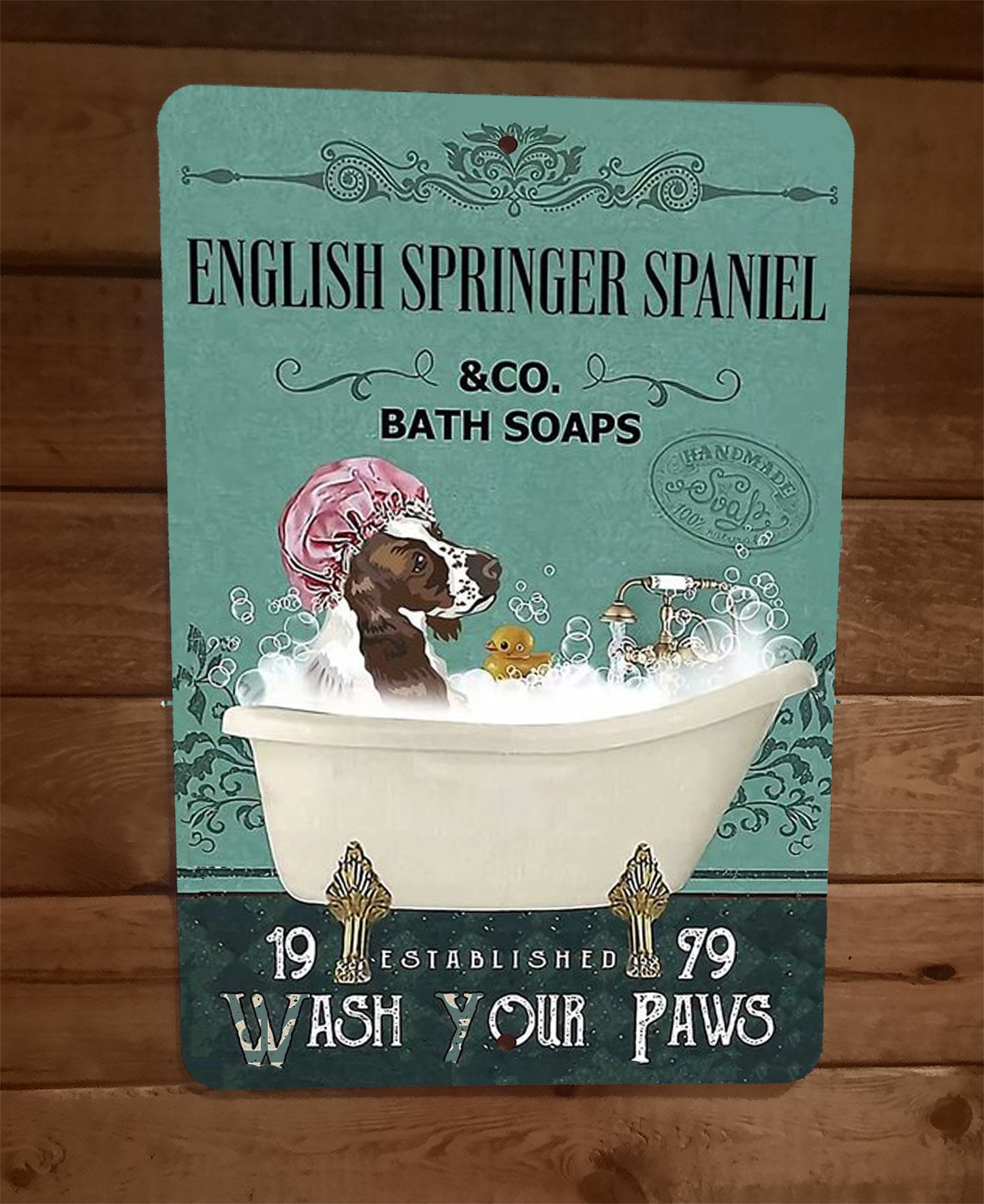 English Springer Spaniel Dog Bath Soap Wash Your Paws 8x12 Metal Wall Sign Animals