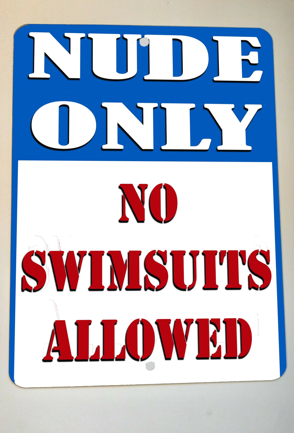 NUDE ONLY No Swimsuits Allowed 8x12 Metal Wall Sign