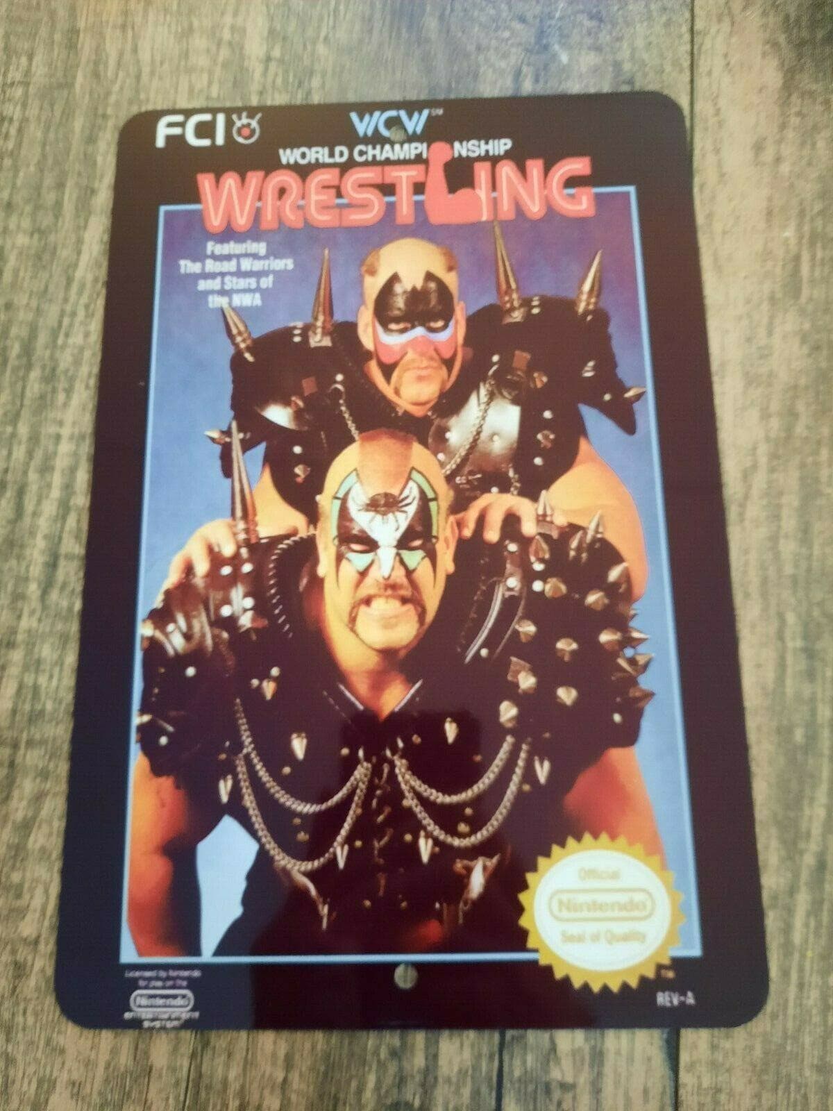 WCW World Championship Wrestling 8x12 Inch Metal Wall Sign with Box Cover Featuring Nintendo Fighting Arcade Game Design