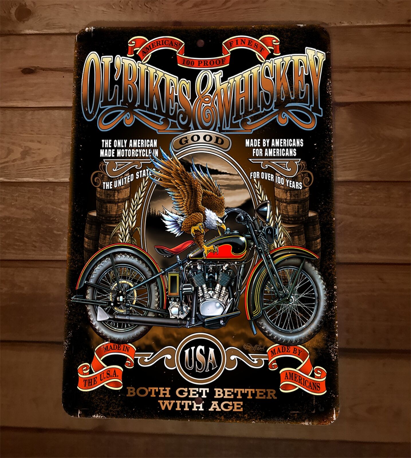 Ol Bikes and Whiskey Get Better With Age 8x12 Metal Wall Sign Garage Poster