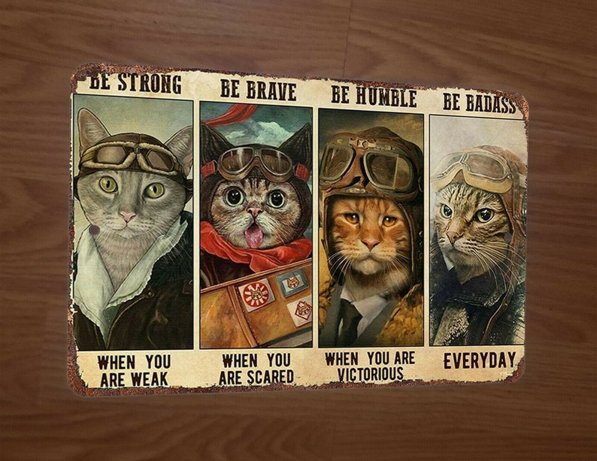 Cat Pilots Be Strong Brave Humble Badass 8x12 Metal Wall Animal Sign