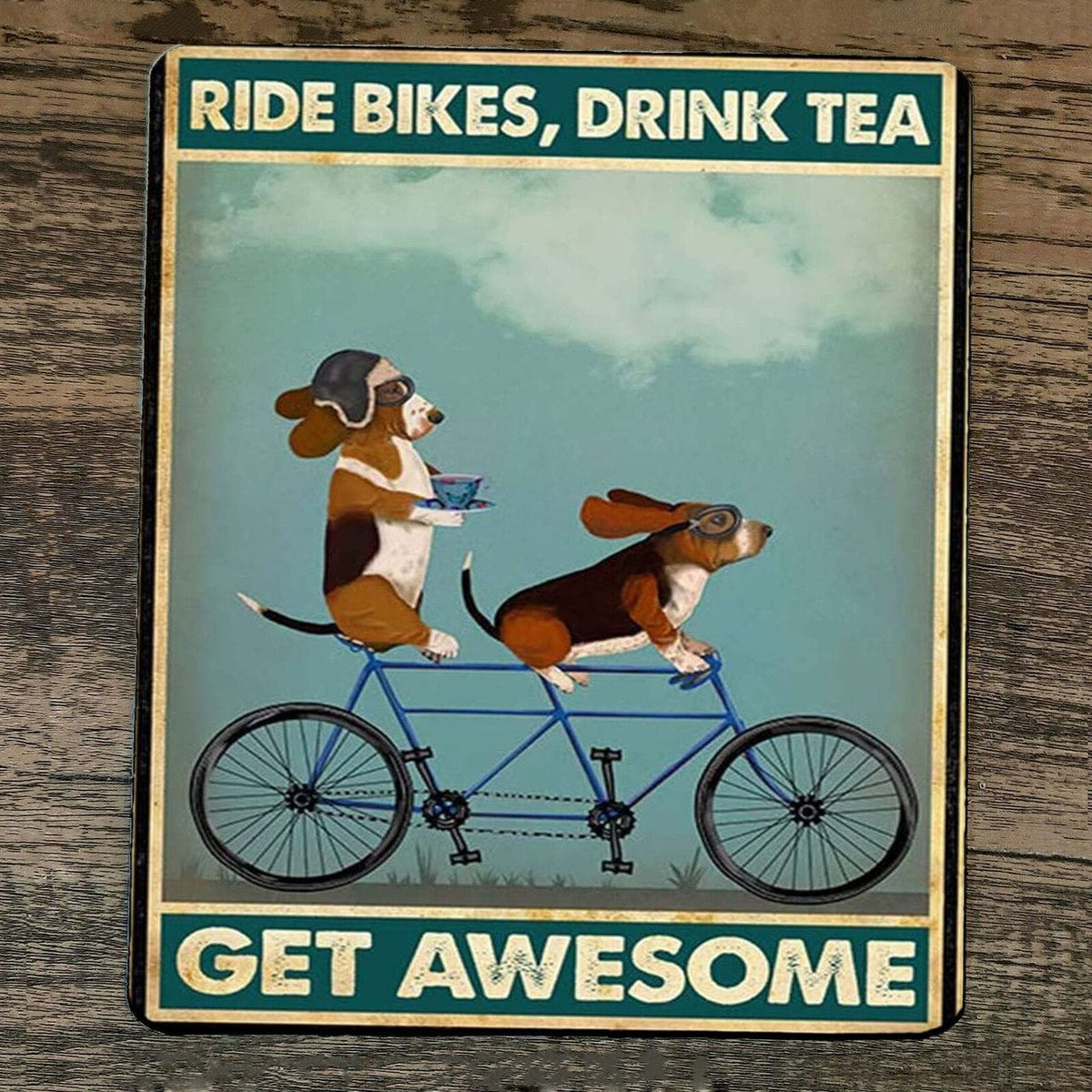 Mouse Pad with "Ride Bikes Drink Tea Get Awesome" Design Featuring Dogs and Beagles