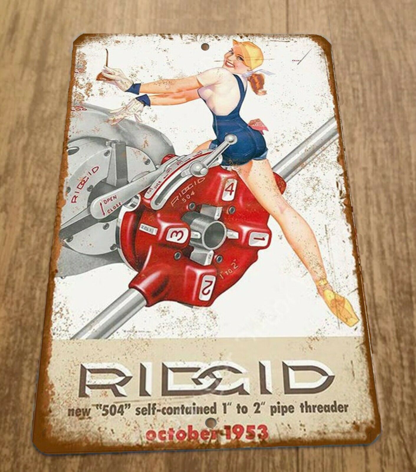 RIGID New 504 Pipe Threader October 1953 Vintage Look 8x12 Metal Wall Sign Garage Poster