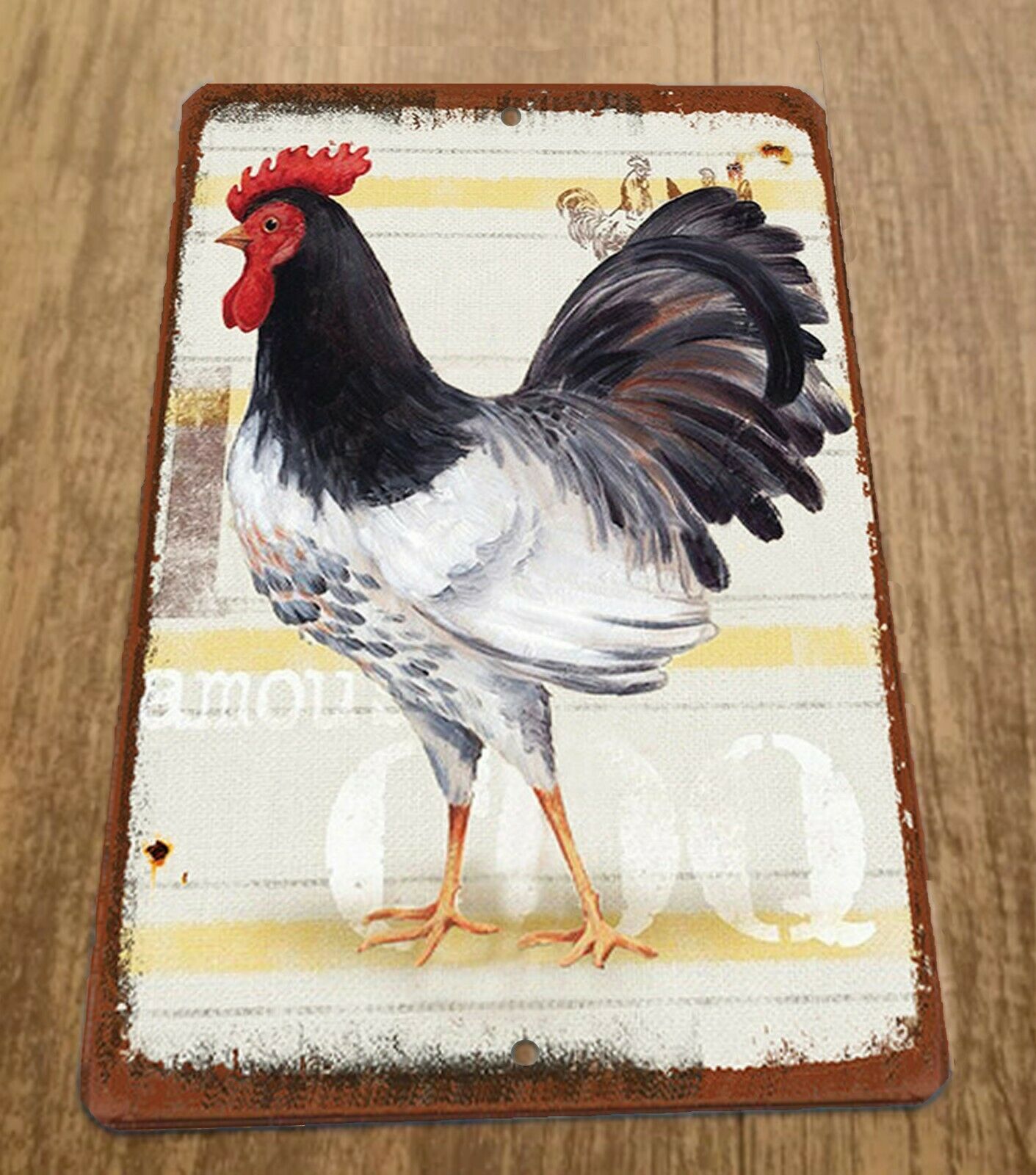 White Black Rooster Vintage Look 8x12 Metal Wall Animal Sign
