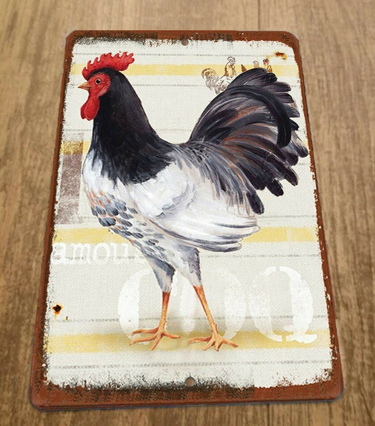 White Black Rooster Vintage Look 8x12 Metal Wall Animal Sign