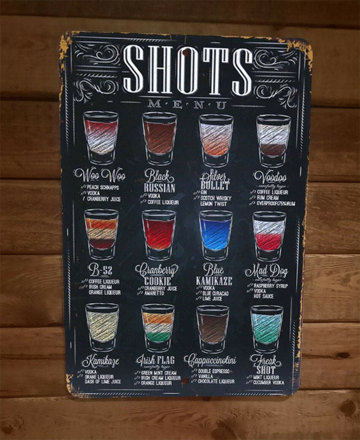 Bar Sign Shots Menu Chalkboard Look B52 Kamikaze Mad Dog 8x12 Metal Wall Sign Liquor
