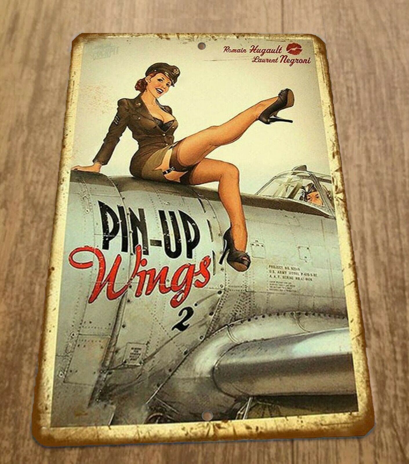 Romain Hugault Vintage Aviation Airplane Metal Wall Sign with Pin-Up Wings Girl, 8x12 Inches