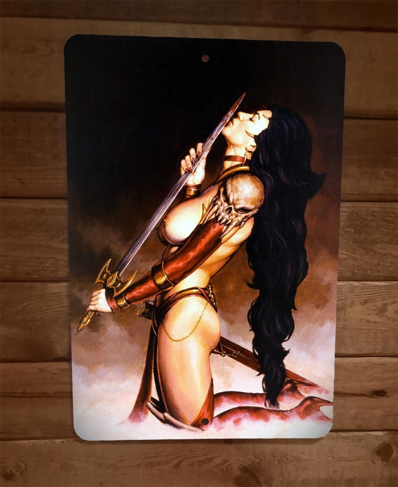 Fantasy Barbarian Viking Girl Licking Sword 8x12 Metal Wall Sign Poster