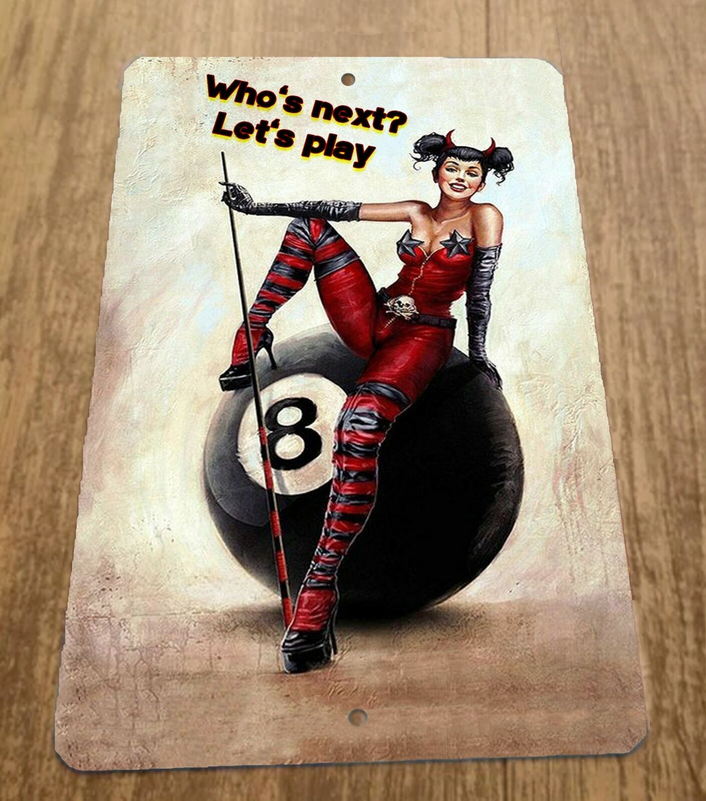 Whos Next Lets Play Devil Pinup Girl 8 Ball Pool 8x12 Metal Wall Sports Bar Sign