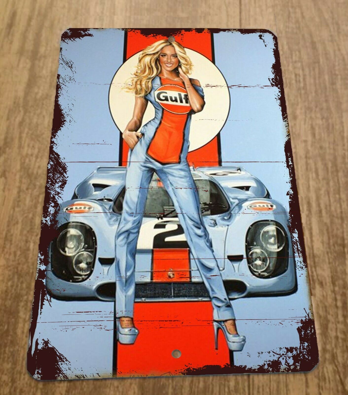 Vintage Look Gulf Racing Car Pinup Girl 8x12 Metal Wall Car Sign