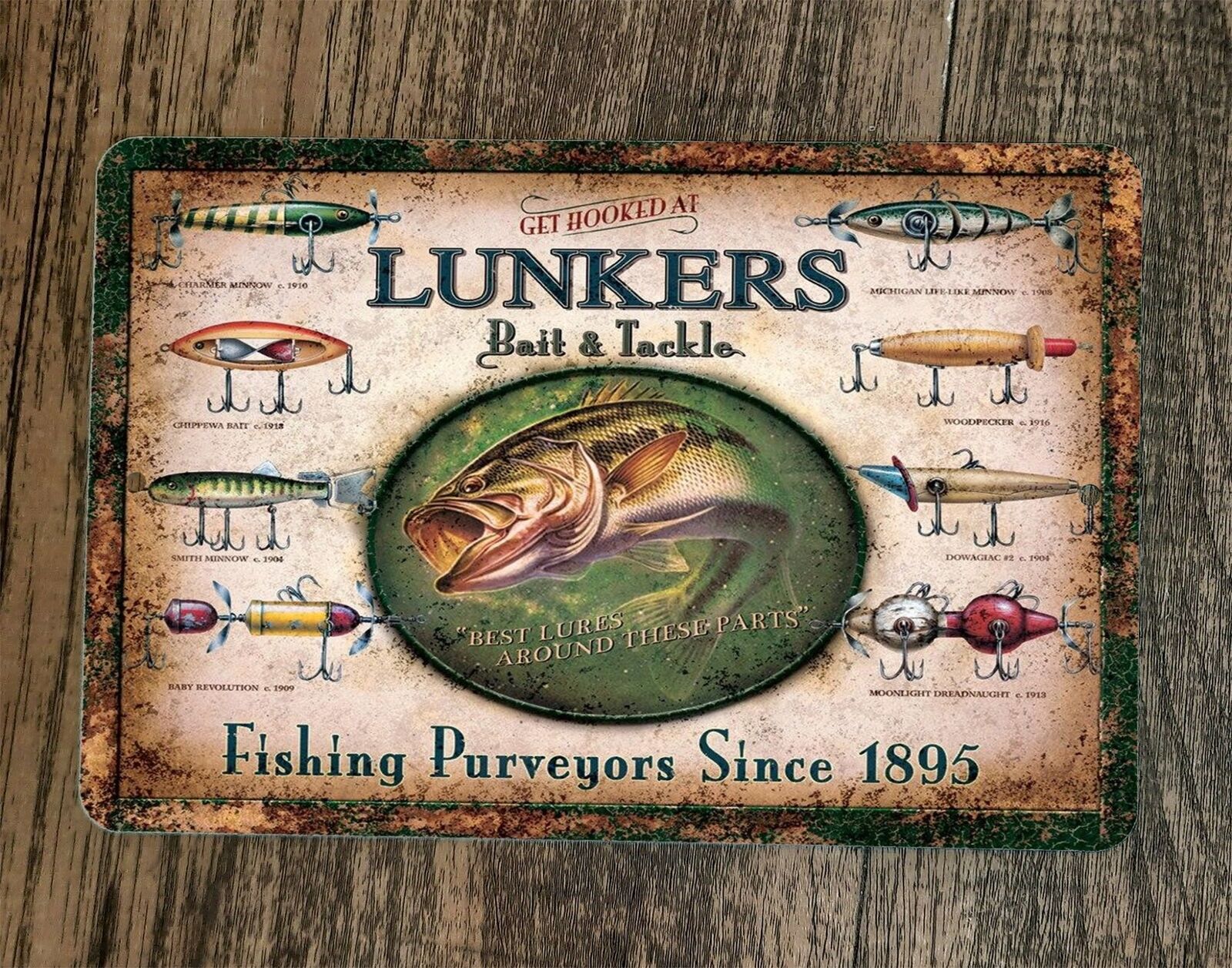 Fishing Purveyors Since 1895 Lunkers Bait and Tackle 8x12 Metal Wall S –  Sign Junky