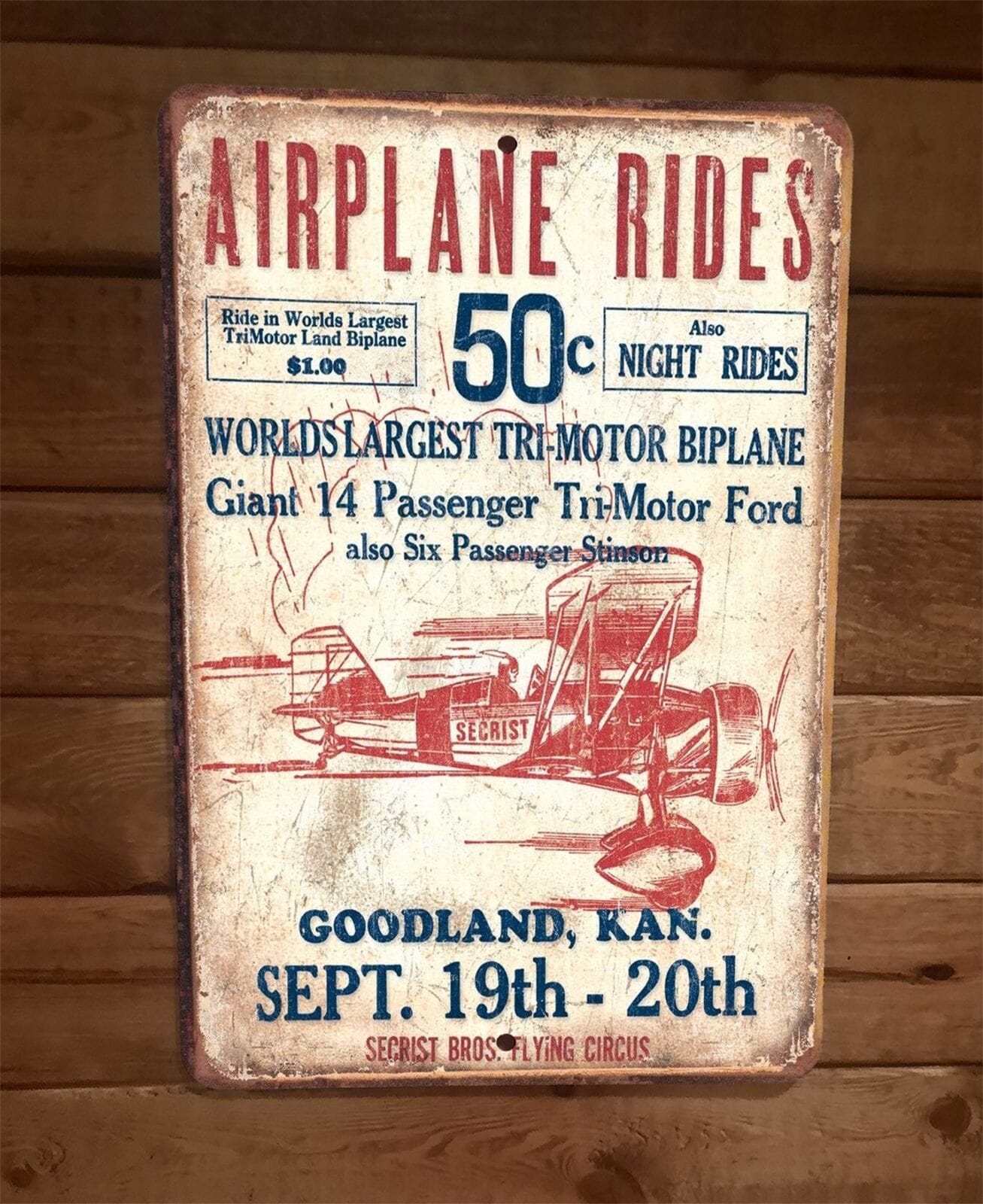 Vintage Style 50 Cent Airplane Rides Goodland Kansas 8x12 Inch Metal Wall Sign Poster