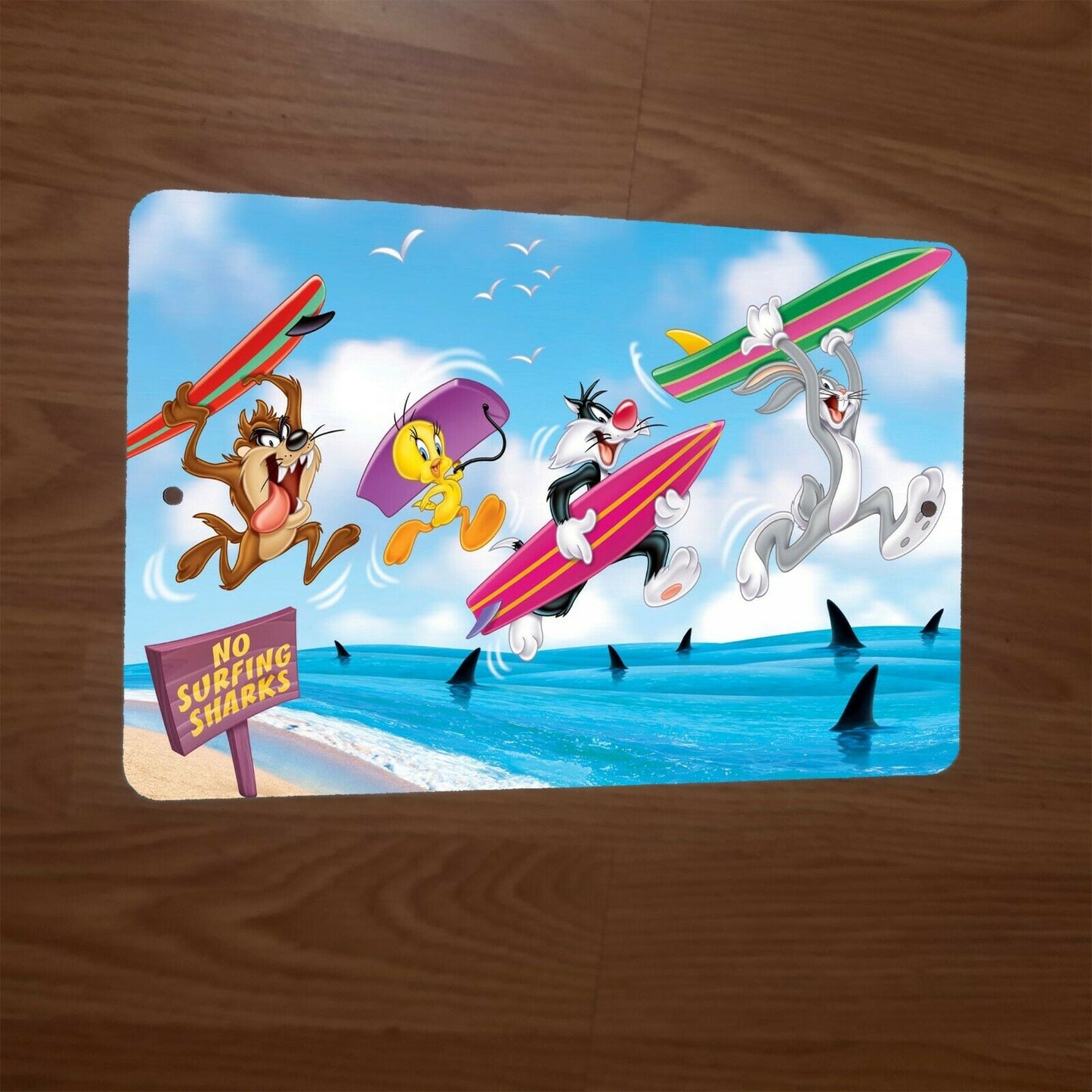 Looney Tunes No Surfing Sharks 8x12 Metal Wall Sign Classic Cartoon