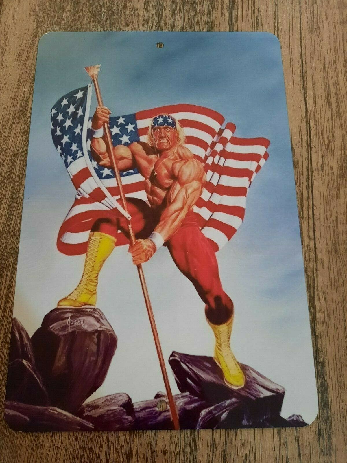 Hulk Hogan Holding USA Flag Real American Artwork 8x12 Metal Wall Sign for Wrestling and Sports Fans