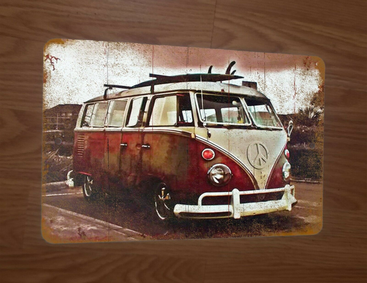 Vintage Look Hippie Van Bus Surfboard Peace Sign Hippie 8x12 Metal Wall Sign
