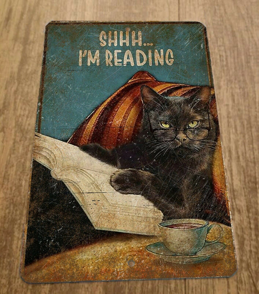 Shhh Im Reading Black Cat Glasses Vintage 8x12 Metal Wall Sign Animals